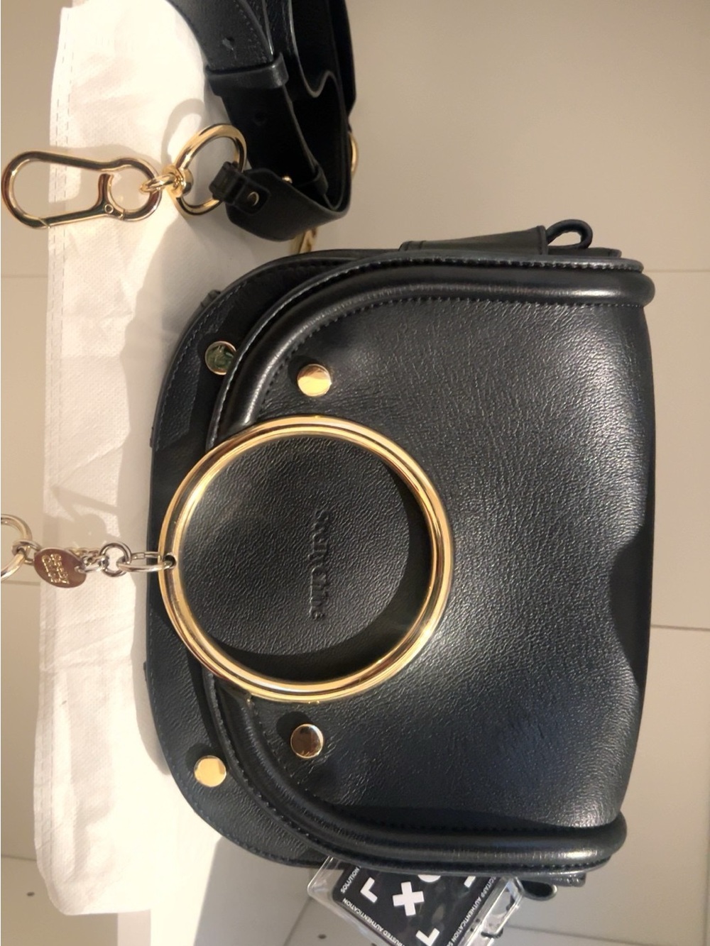 See By Chloé Vintage Black Leather Crossbody Bag with Gold Ring Accent